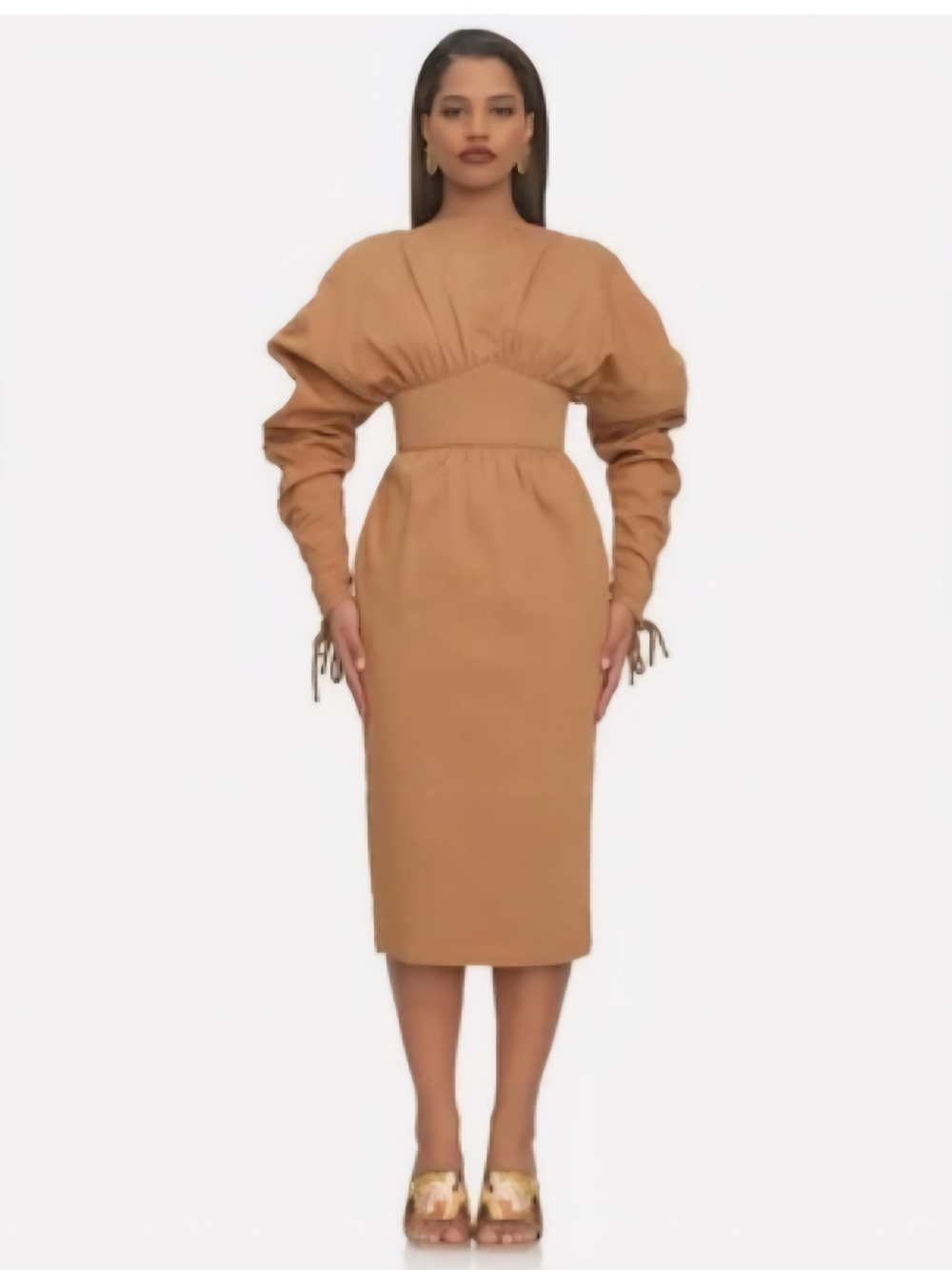 Andrea Iyamah Camel Puff-Sleeve Midi Dress
